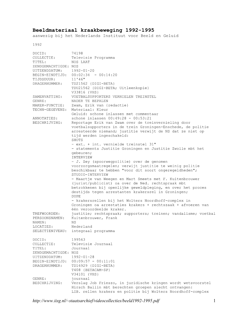 Beeldmateriaal Kraakbeweging 1992-1995 Aanwezig Bij Het Nederlands Instituut Voor Beeld En Geluid