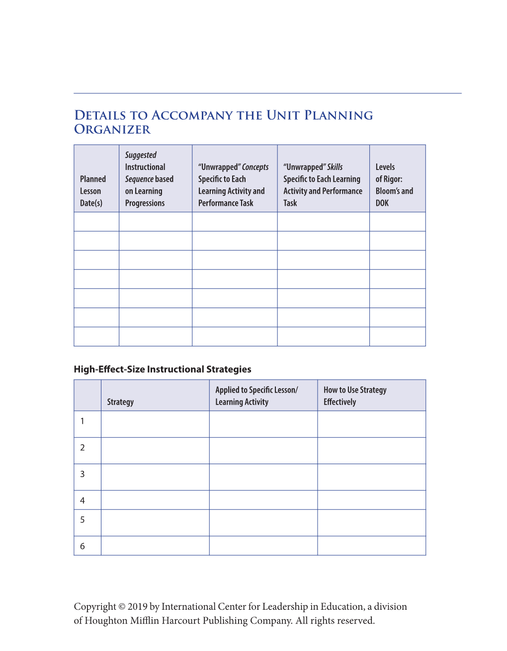 Details to Accompany the Unit Planning Organizer