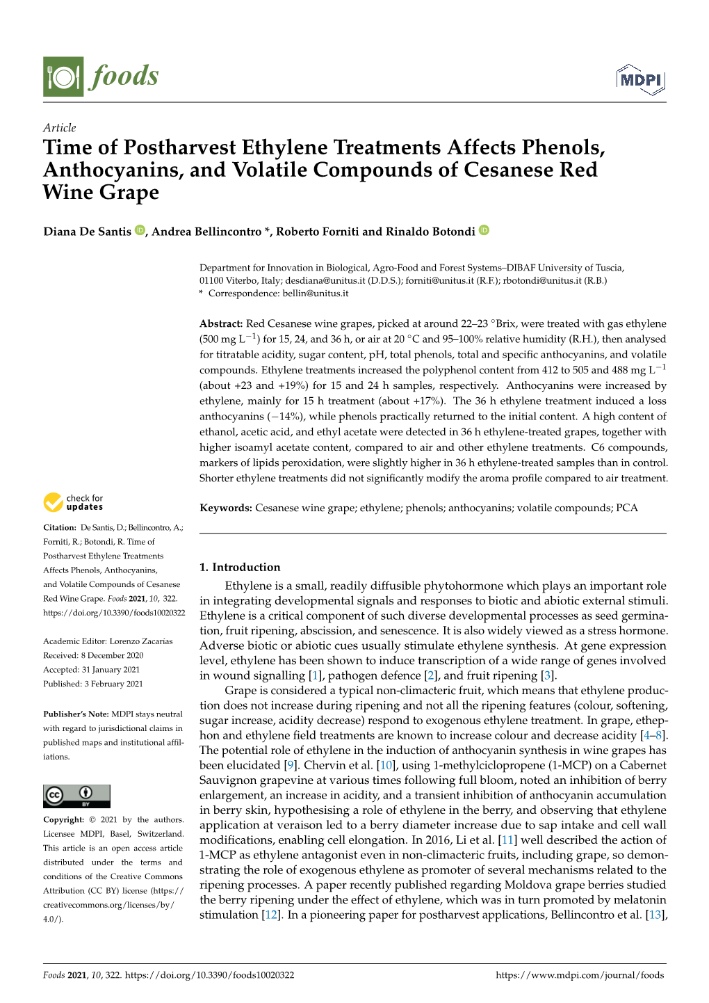 Time of Postharvest Ethylene Treatments Affects Phenols, Anthocyanins, and Volatile Compounds of Cesanese Red Wine Grape