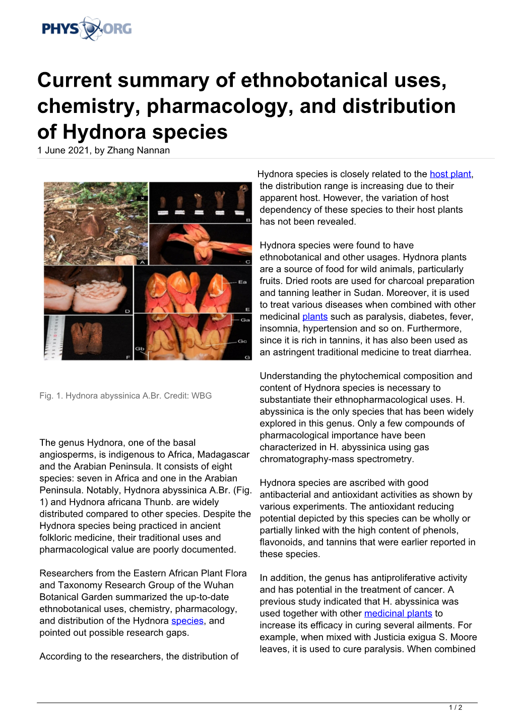 Current Summary of Ethnobotanical Uses, Chemistry, Pharmacology, and Distribution of Hydnora Species 1 June 2021, by Zhang Nannan
