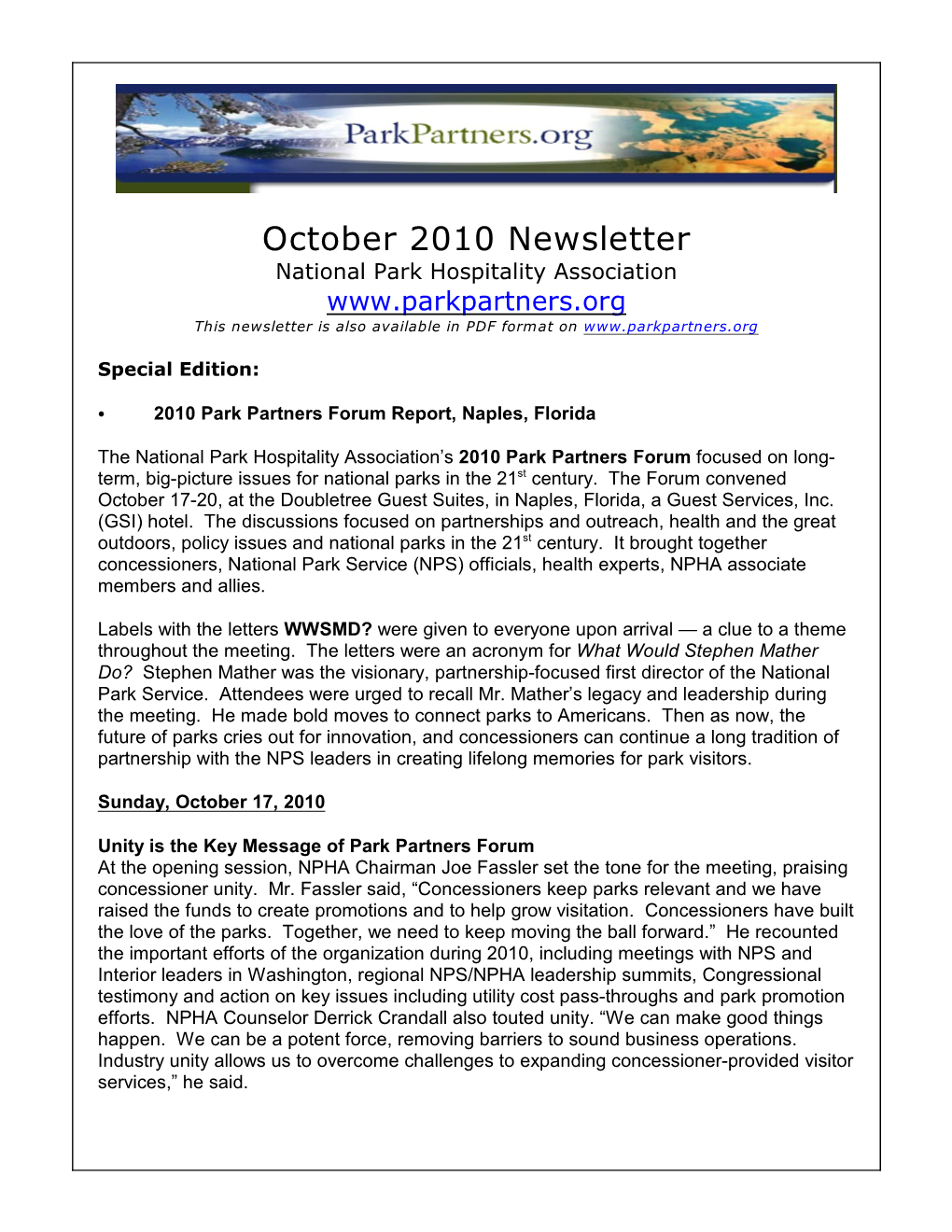October 2010 Newsletter National Park Hospitality Association This Newsletter Is Also Available in PDF Format On