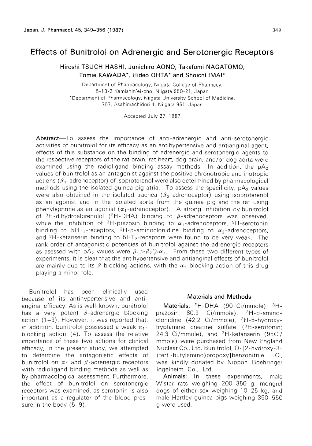 Effects of Bunitrolol on Adrenergic and Serotonergic Receptors Hiroshi