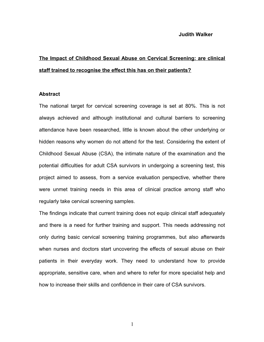 The Impact of Childhood Sexual Abuse on Cervical Screening: Are Clinical Staff Trained