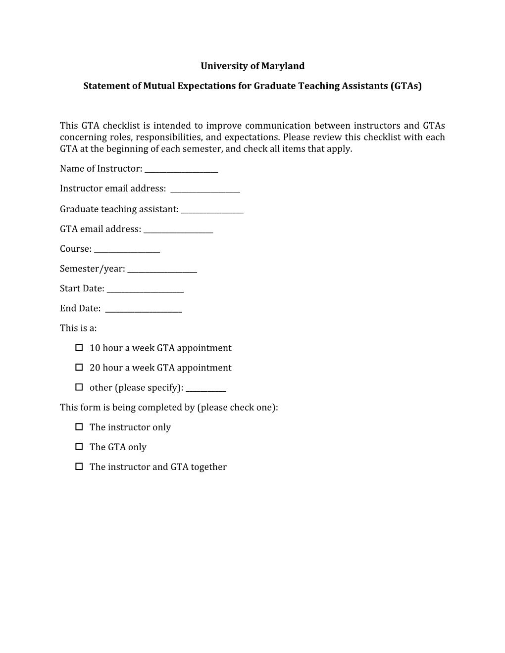 Statement of Mutual Expectations for Graduate Teaching Assistants (Gtas)