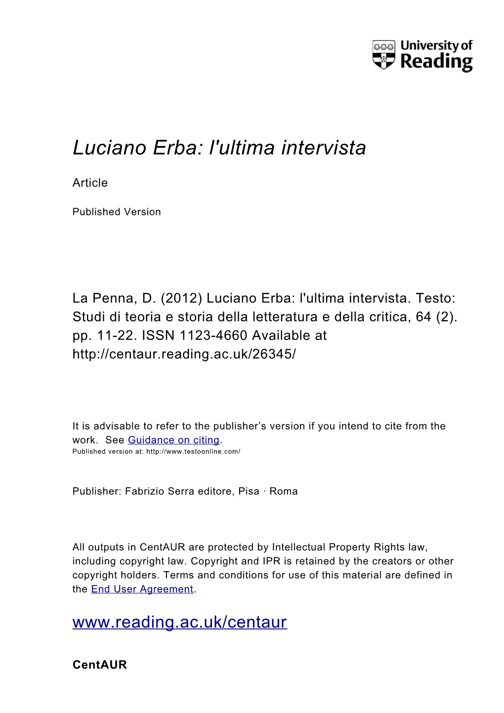 Luciano Erba: L'ultima Intervista