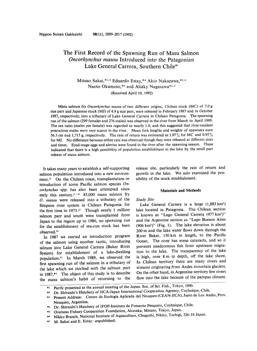 Nippon Suisan Gakkaishi 58(11), 2009-2017 (1992) the First Record of the Spawning Run of Masu Salmon Oncorhynchus Masou Introduc