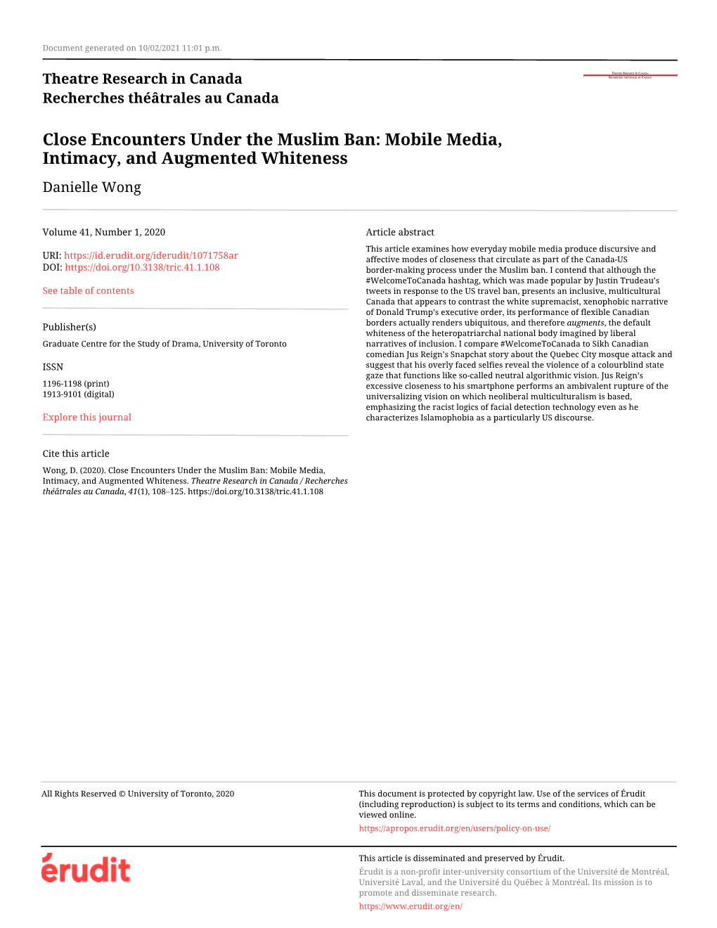 Close Encounters Under the Muslim Ban: Mobile Media, Intimacy, and Augmented Whiteness Danielle Wong