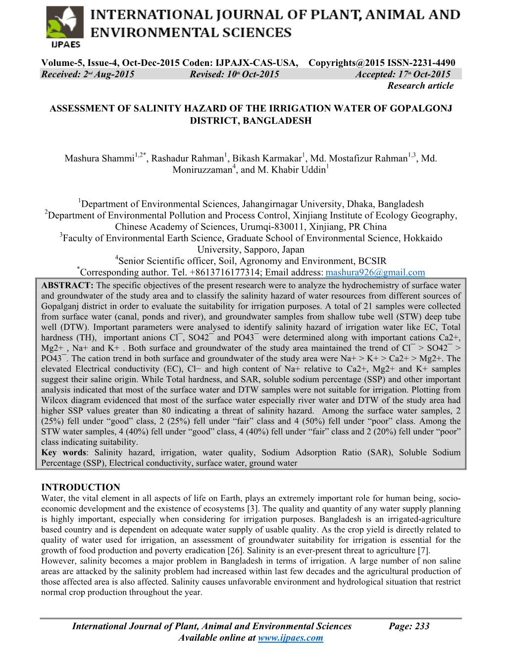 Assessment of Salinity Hazard of the Irrigation Water of Gopalgonj District, Bangladesh