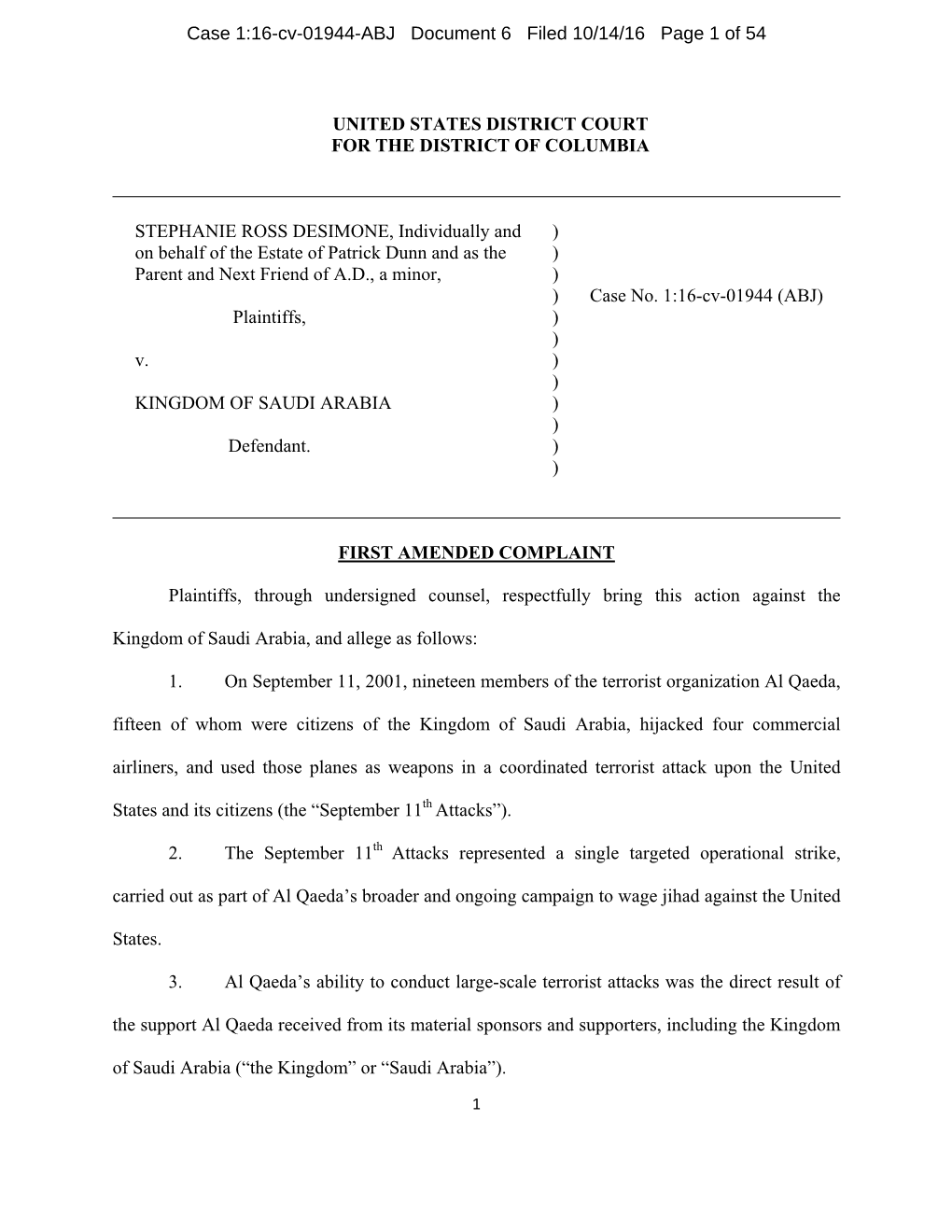 Desimone V. Kingdom of Saudi Arabia Amended Complaint