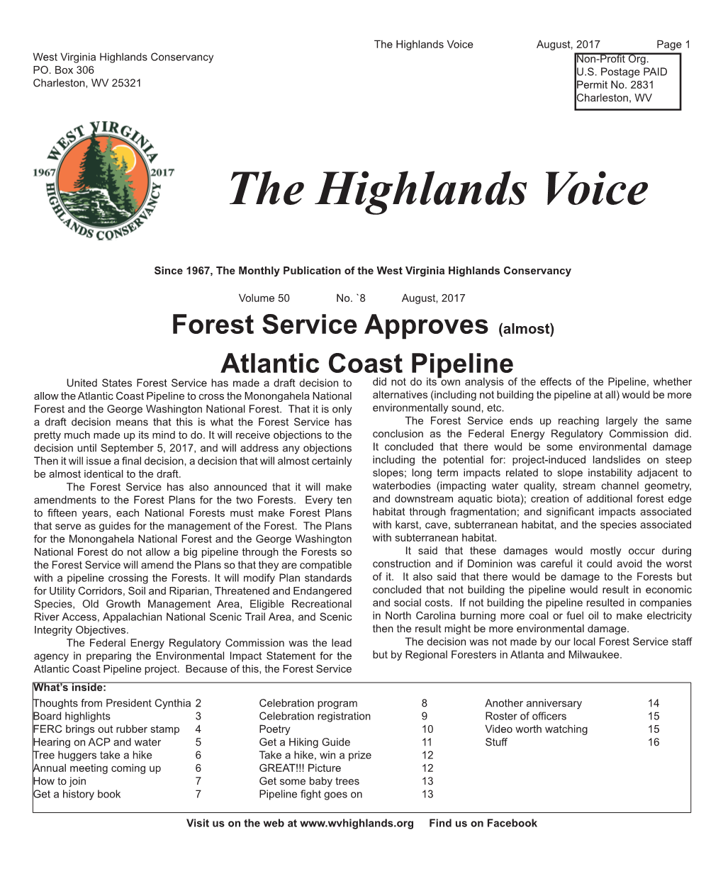 The Highlands Voice August, 2017 Page 1 West Virginia Highlands Conservancy Non-Profit Org