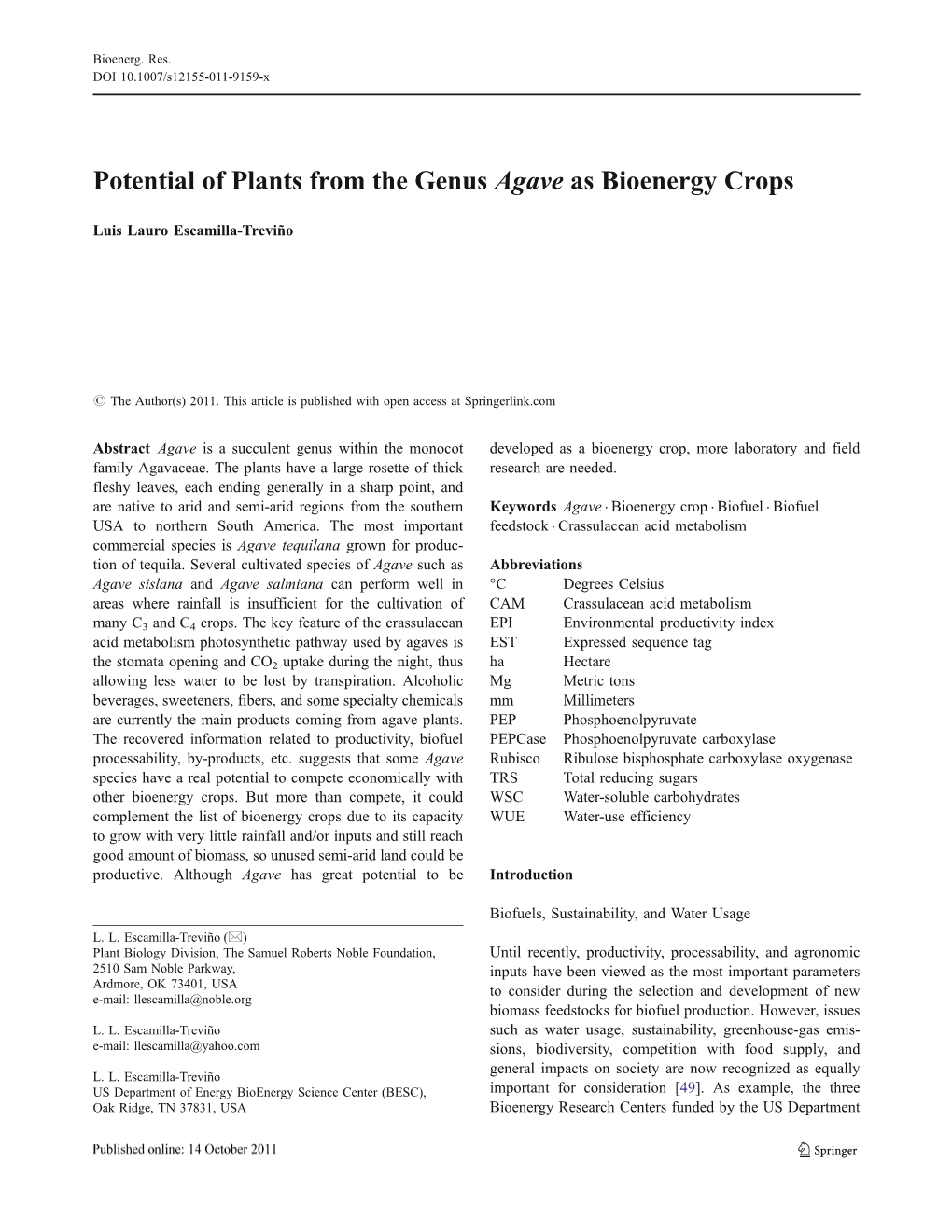 Potential of Plants from the Genus Agave As Bioenergy Crops