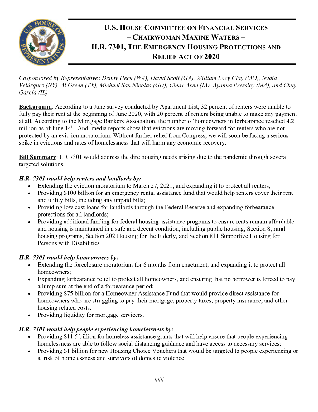 Hr 7301, the Emergency Housing Protections and Relief Act of 2020