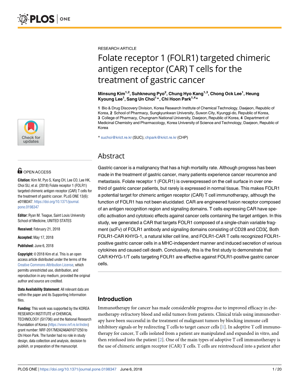Folate Receptor 1 (FOLR1) Targeted Chimeric Antigen Receptor (CAR) T Cells for the Treatment of Gastric Cancer