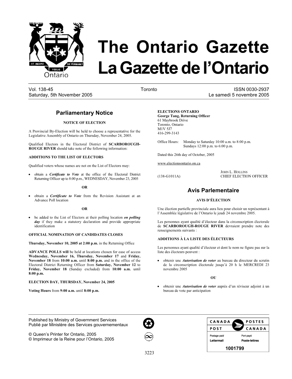 Ontario Gazette Volume 138 Issue 45, La Gazette De L'ontario Volume 138