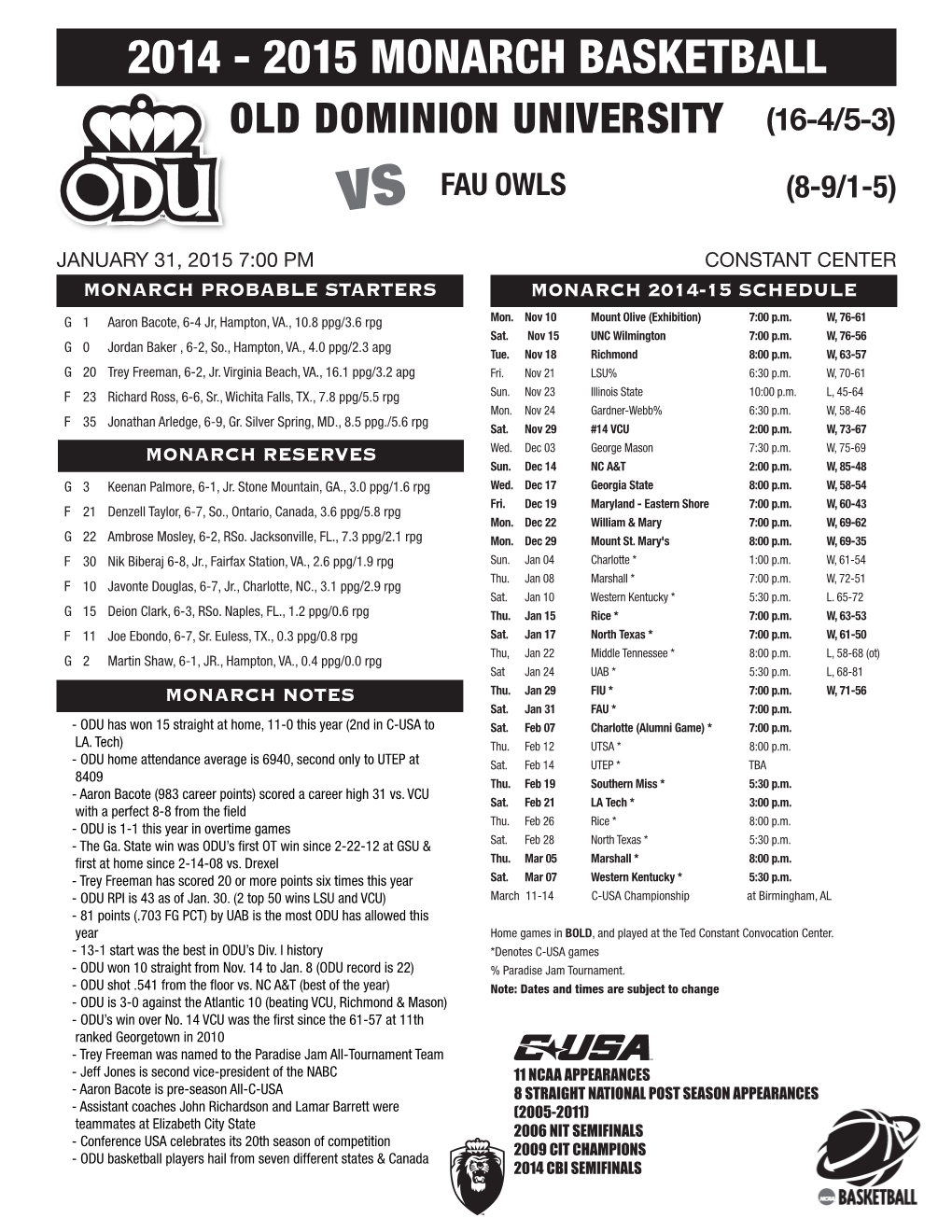 2015 MONARCH BASKETBALL OLD DOMINION UNIVERSITY (16-4/5-3) Vs FAU OWLS (8-9/1-5)