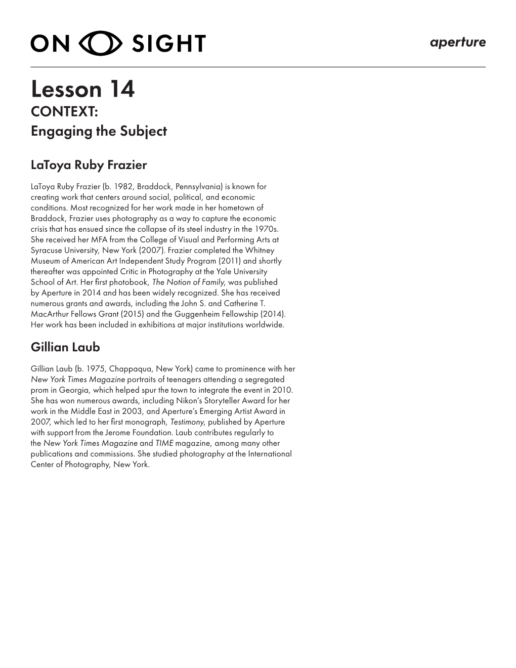 Lesson 14 CONTEXT: Engaging the Subject