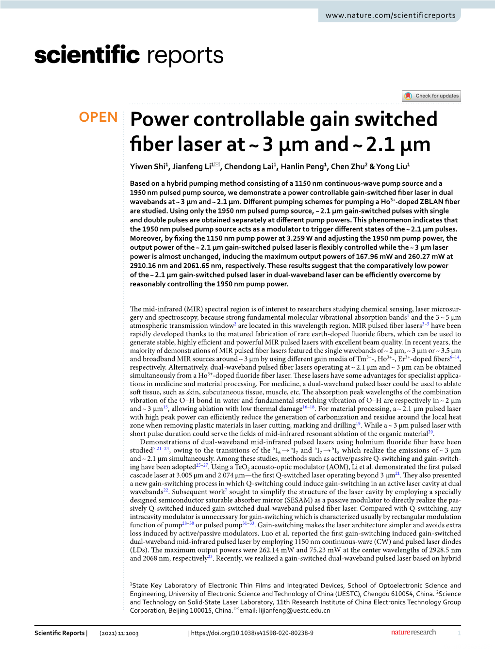 Power Controllable Gain Switched Fiber Laser at ~ 3 Μm