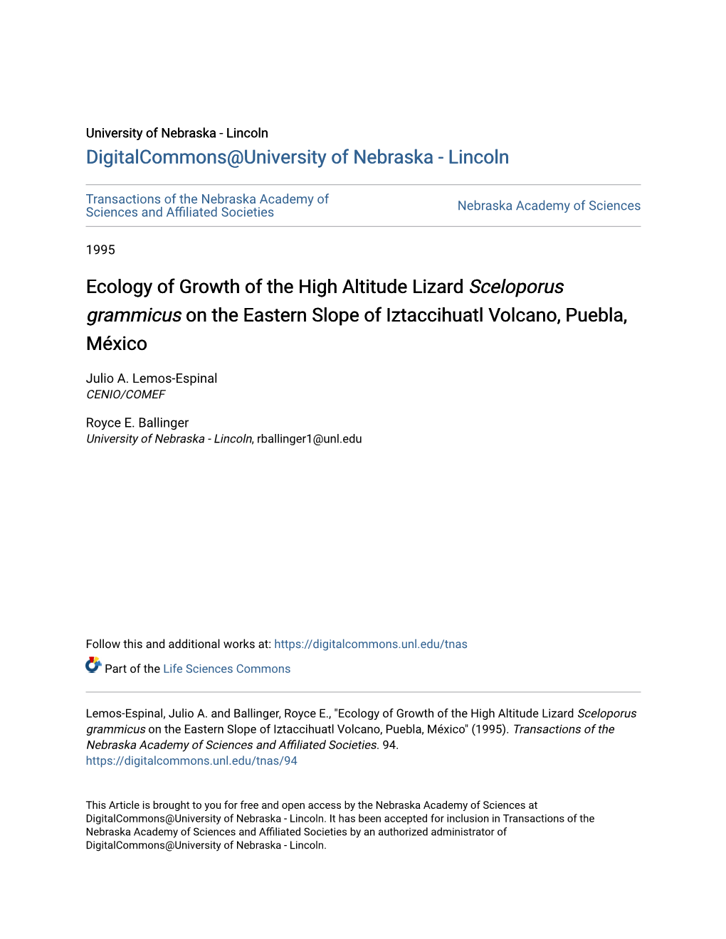 Ecology of Growth of the High Altitude Lizard Sceloporus Grammicus on the Eastern Slope of Iztaccihuatl Volcano, Puebla, México