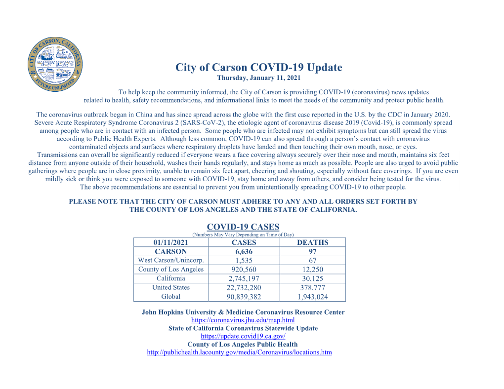 City of Carson COVID-19 Update Thursday, January 11, 2021