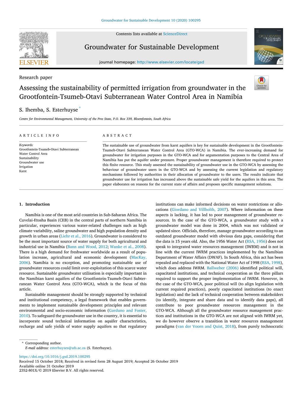 Assessing the Sustainability of Permitted Irrigation from Groundwater in the Grootfontein-Tsumeb-Otavi Subterranean Water Control Area in Namibia