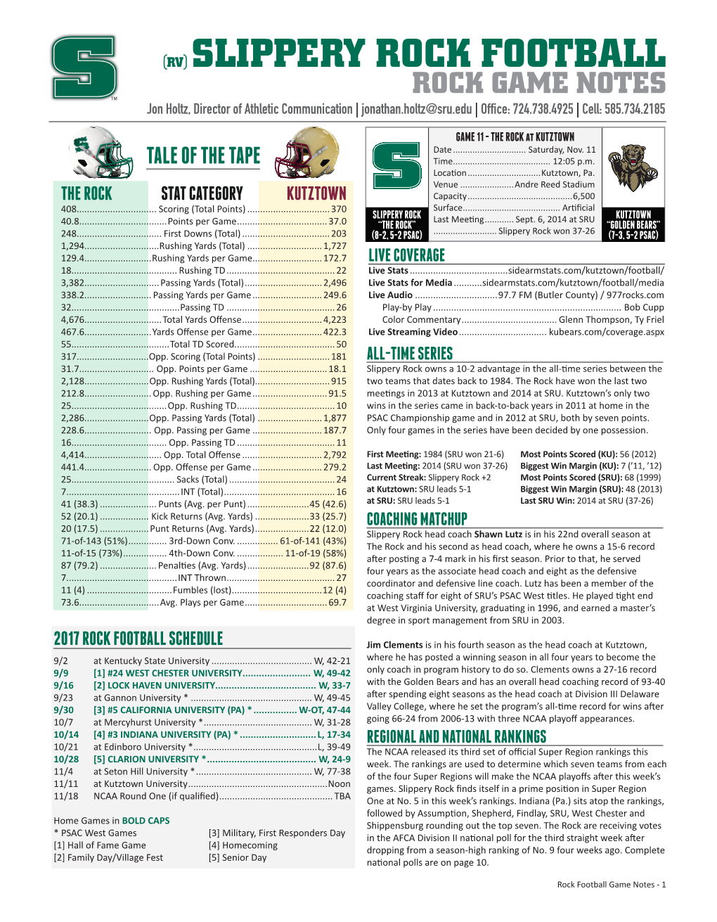 (RV) SLIPPERY ROCK FOOTBALL ROCK GAME NOTES Jon Holtz, Director of Athletic Communication | Jonathan.Holtz@Sru.Edu | Office: 724.738.4925| Cell: 585.734.2185