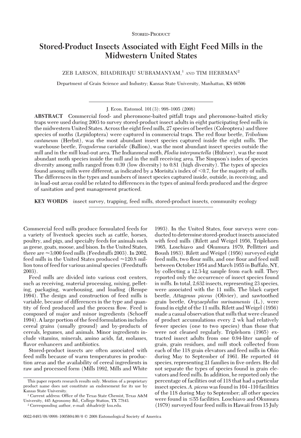 Stored-Product Insects Associated with Eight Feed Mills in the Midwestern United States