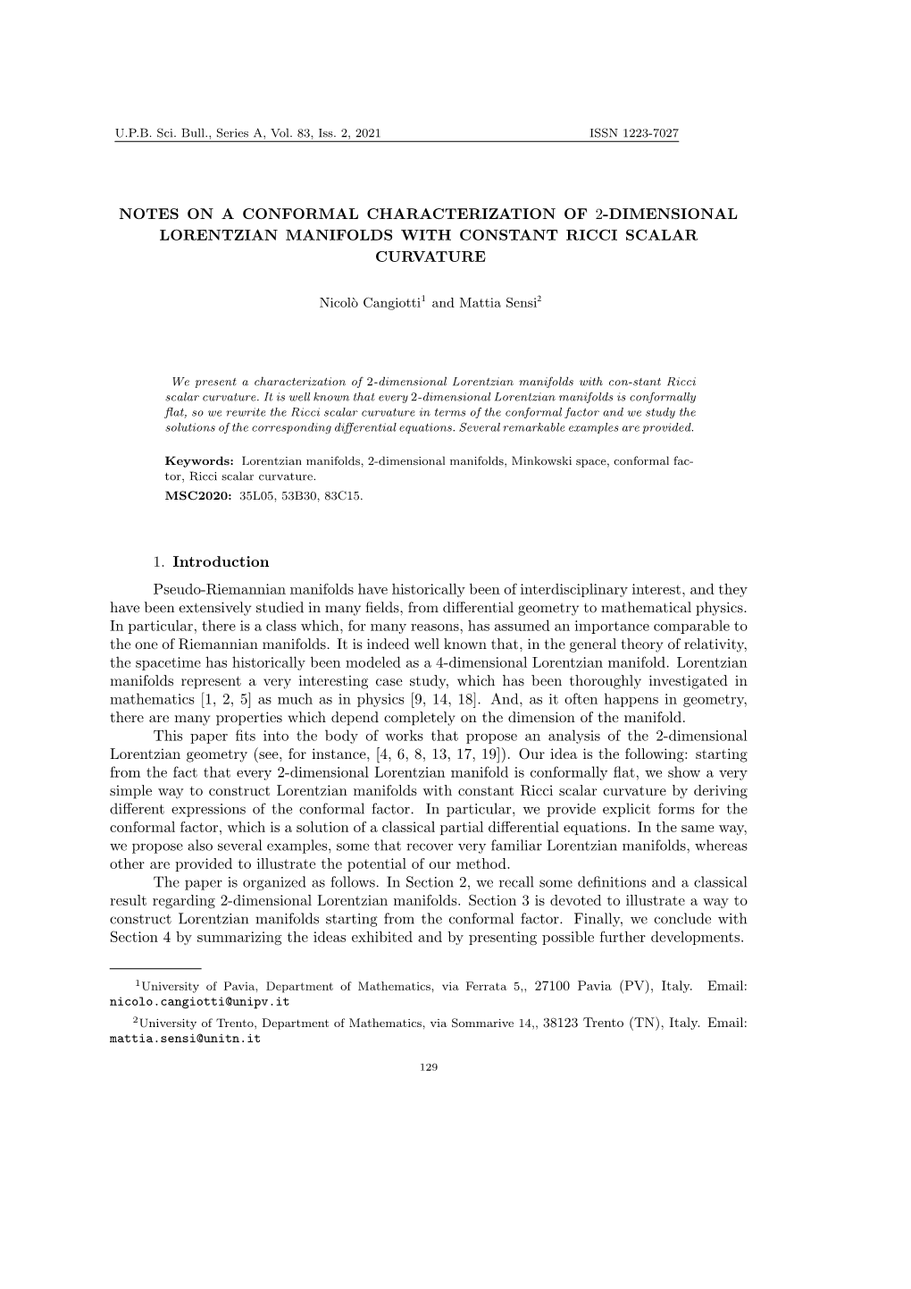 Notes on a Conformal Characterization of 2-Dimensional Lorentzian Manifolds with Constant Ricci Scalar Curvature