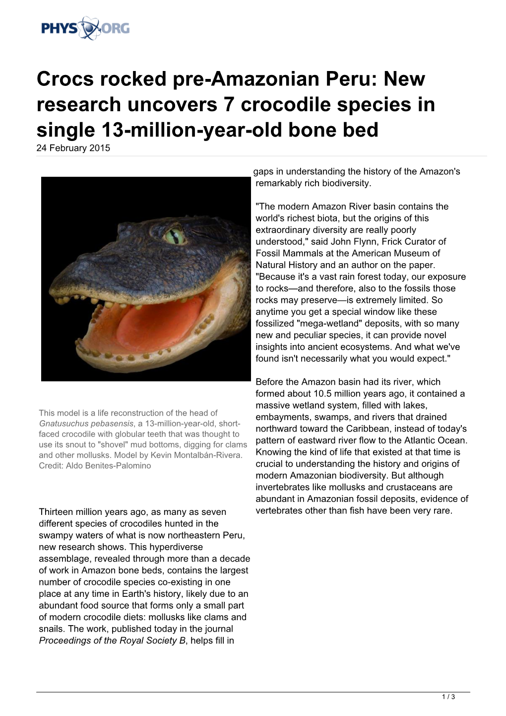 Crocs Rocked Pre-Amazonian Peru: New Research Uncovers 7 Crocodile Species in Single 13-Million-Year-Old Bone Bed 24 February 2015