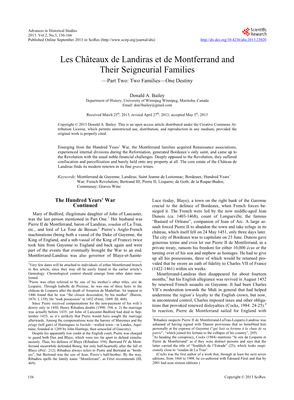 Les Châteaux De Landiras Et De Montferrand and Their Seigneurial Families —Part Two: Two Families—One Destiny