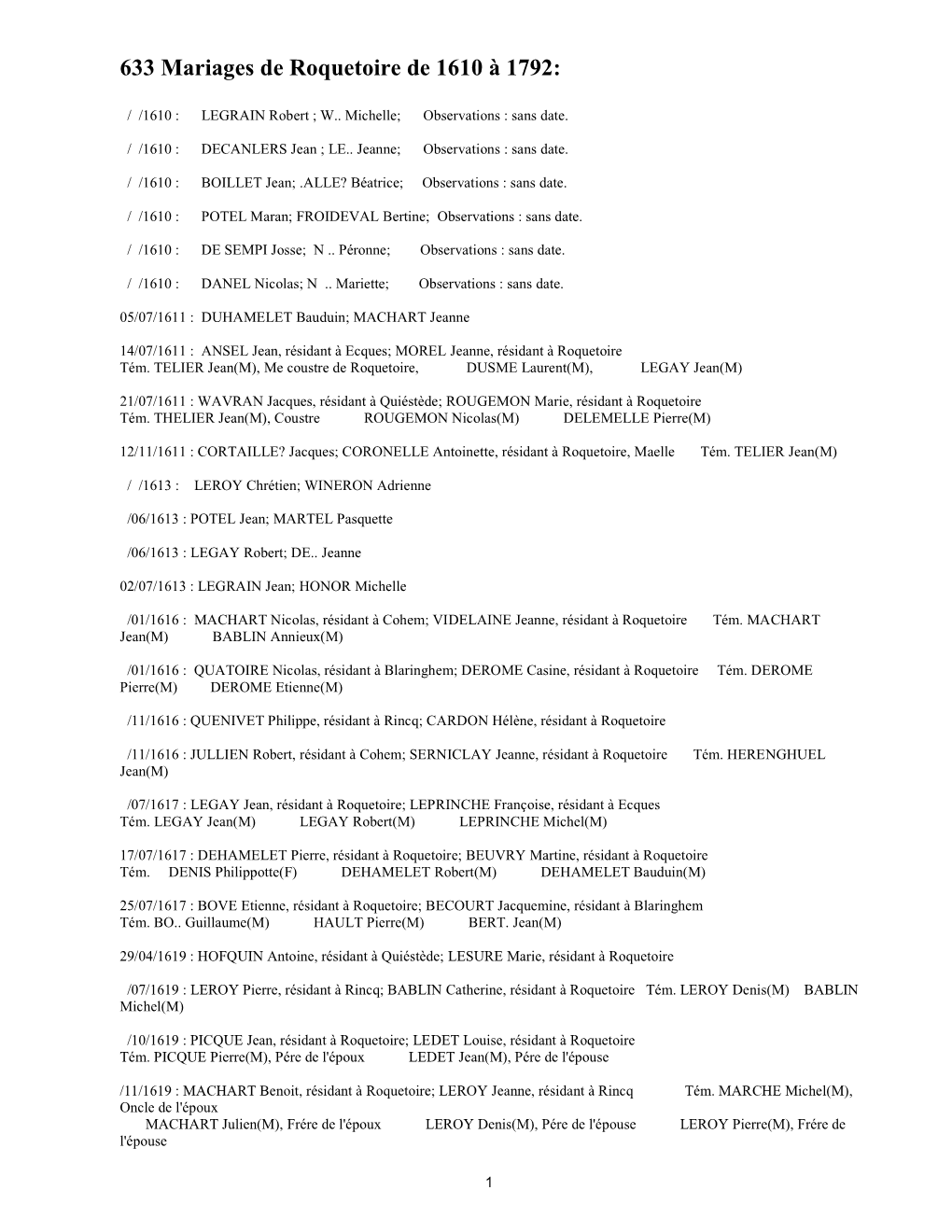 633 Mariages De Roquetoire De 1610 À 1792