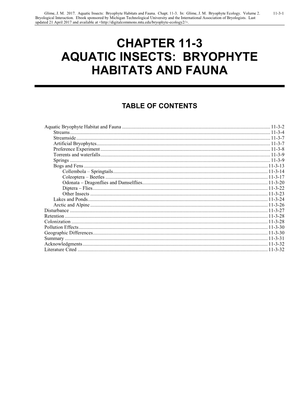 Aquatic Insects: Bryophyte Habitats and Fauna