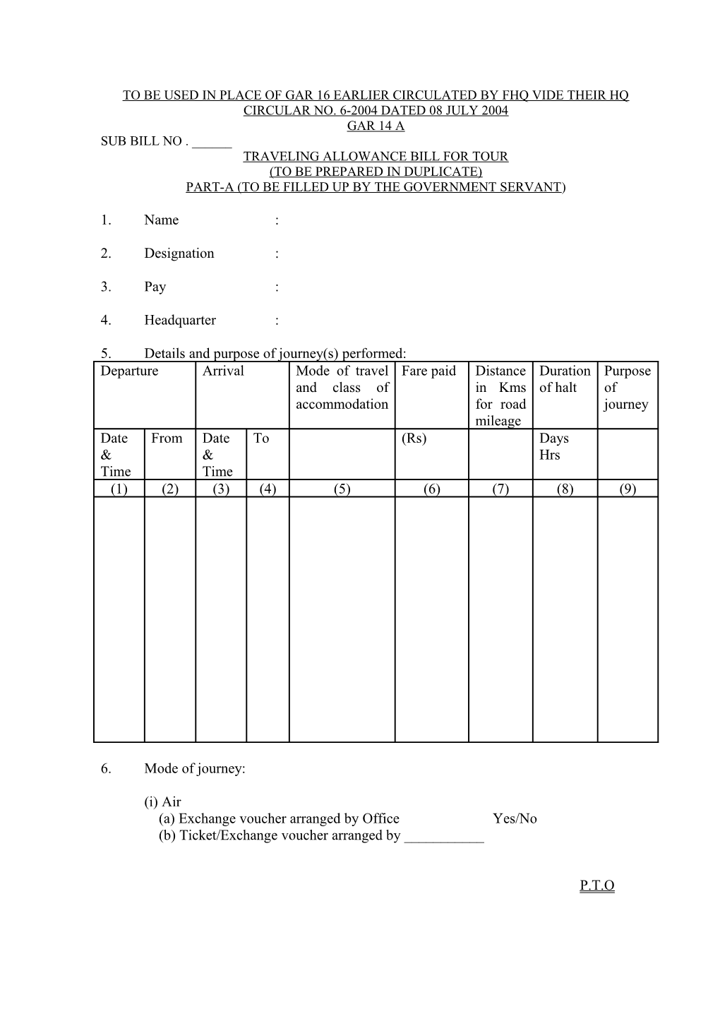 Traveling Allowance Bill for Tour