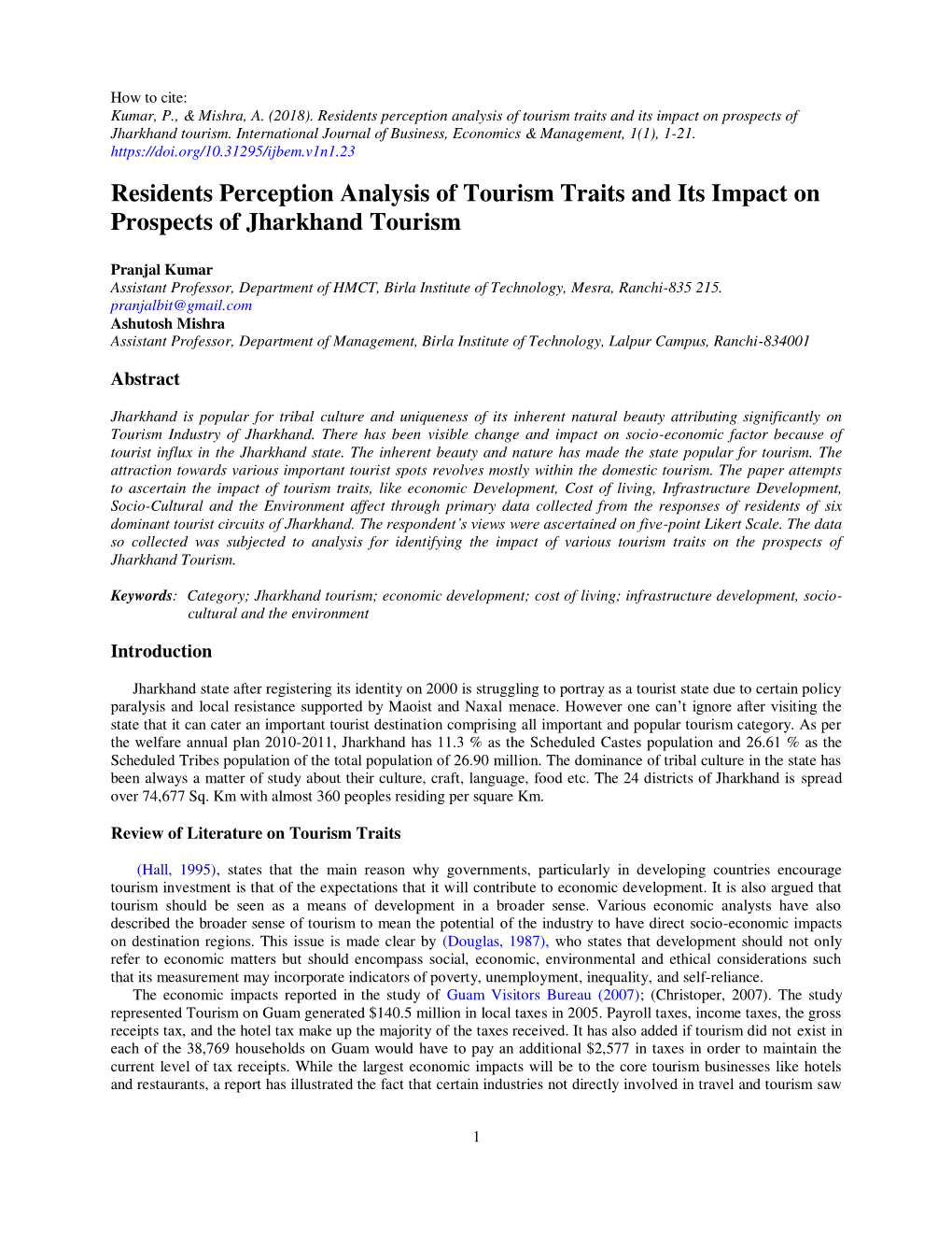 Residents Perception Analysis of Tourism Traits and Its Impact on Prospects of Jharkhand Tourism