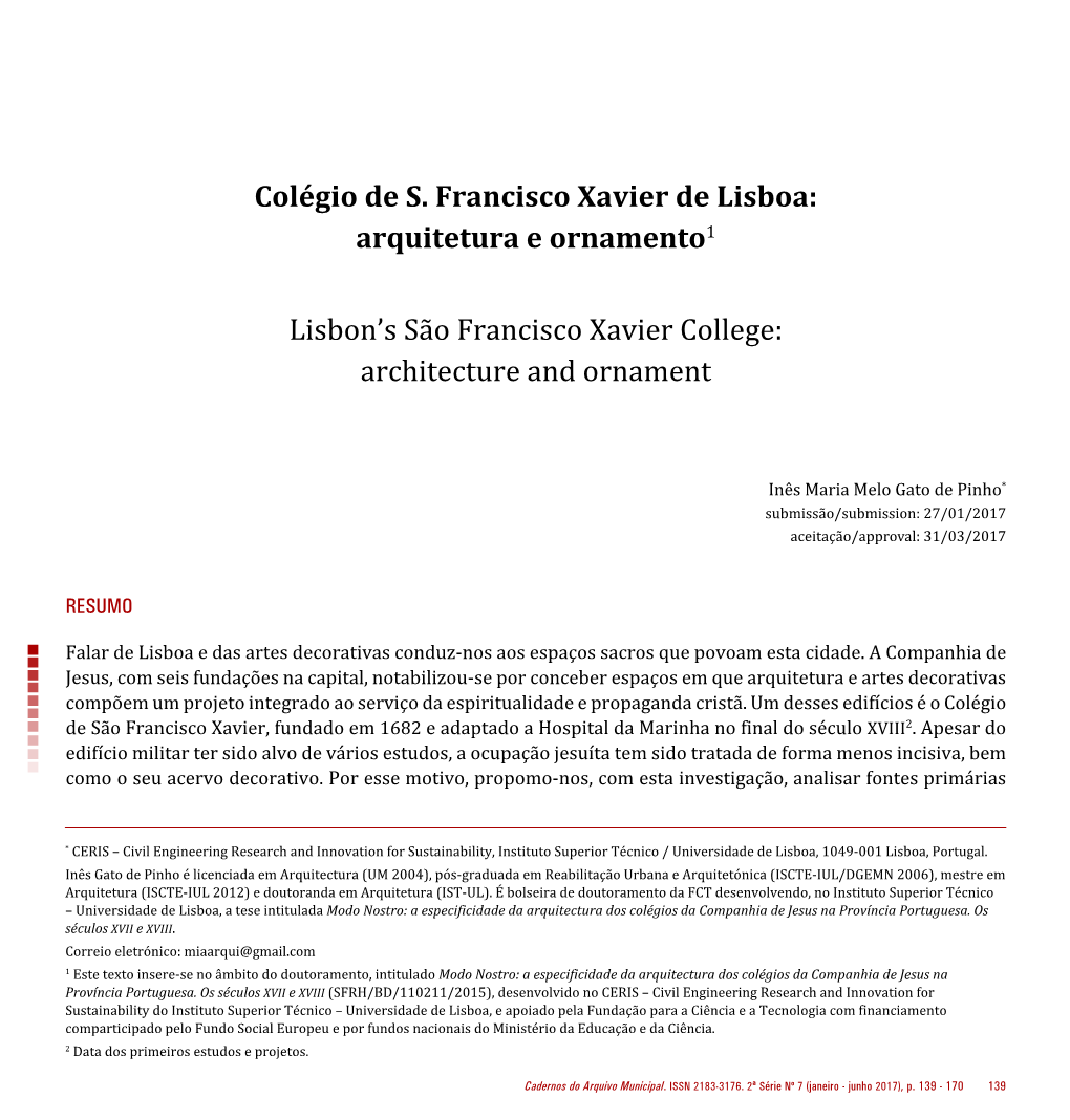 Colégio De S. Francisco Xavier De Lisboa: Arquitetura E Ornamento1