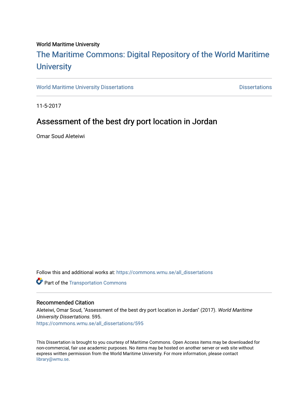 Assessment of the Best Dry Port Location in Jordan