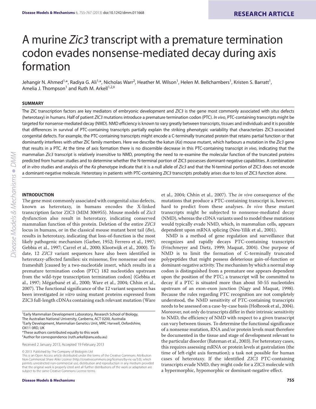 A Murine Zic3 Transcript with a Premature Termination Codon Evades Nonsense-Mediated Decay During Axis Formation