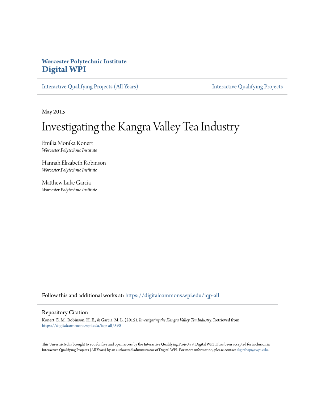 Investigating the Kangra Valley Tea Industry Emilia Monika Konert Worcester Polytechnic Institute