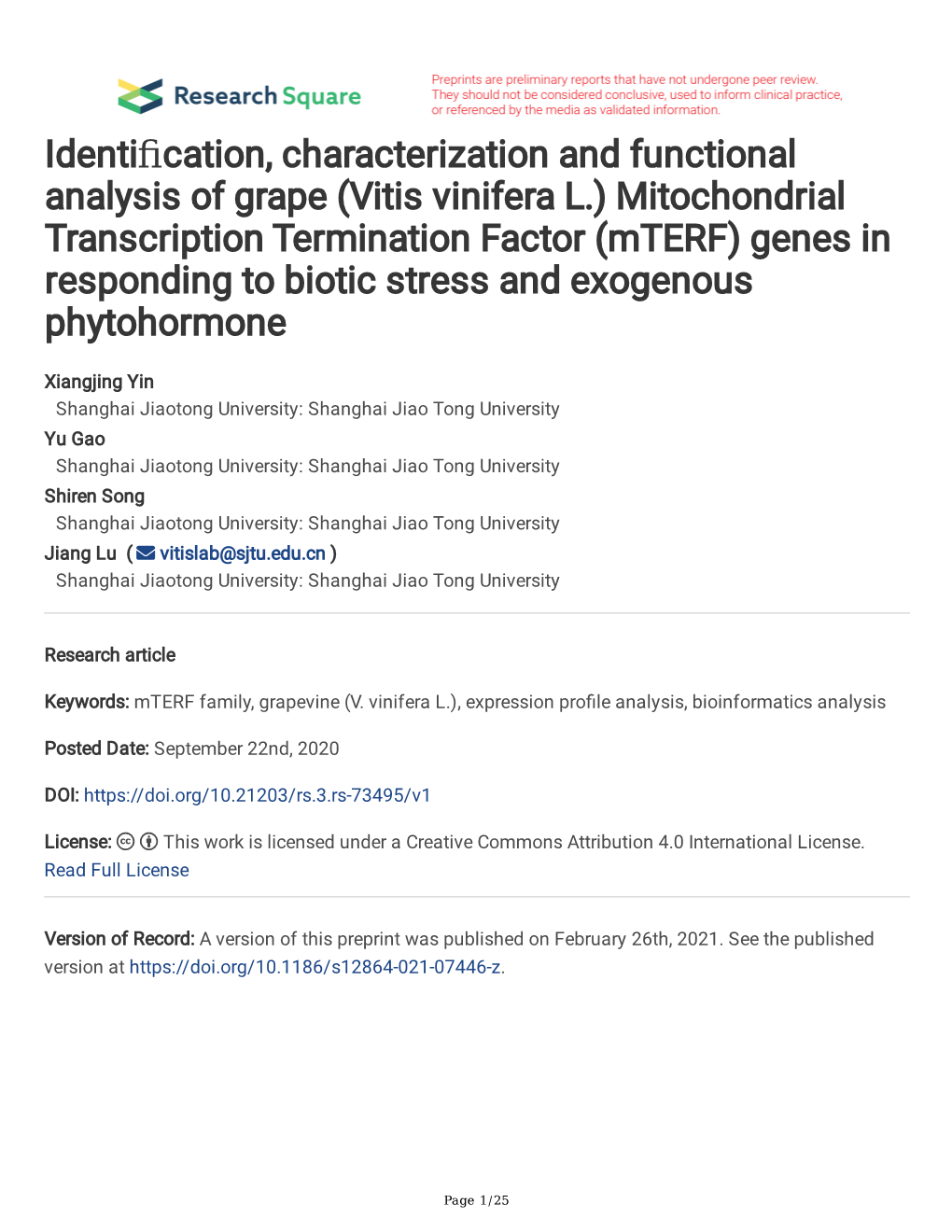 Vitis Vinifera L.) Mitochondrial Transcription Termination Factor (Mterf) Genes in Responding to Biotic Stress and Exogenous Phytohormone