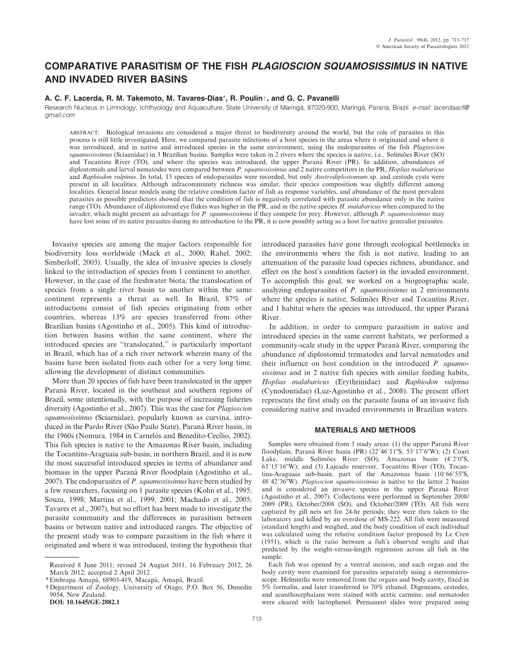 Comparative Parasitism of the Fish Plagioscion Squamosissimus in Native and Invaded River Basins