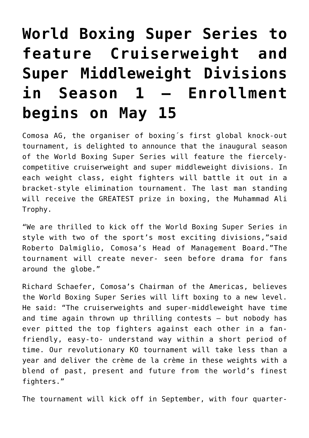 World Boxing Super Series to Feature Cruiserweight and Super Middleweight Divisions in Season 1 – Enrollment Begins on May 15