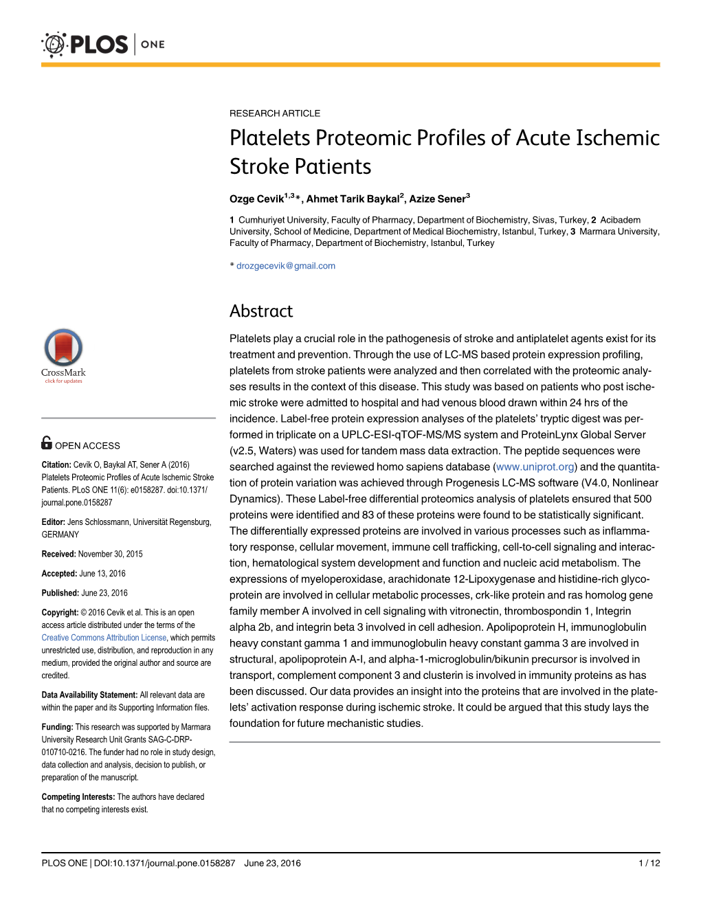 Platelets Proteomic Profiles of Acute Ischemic Stroke Patients