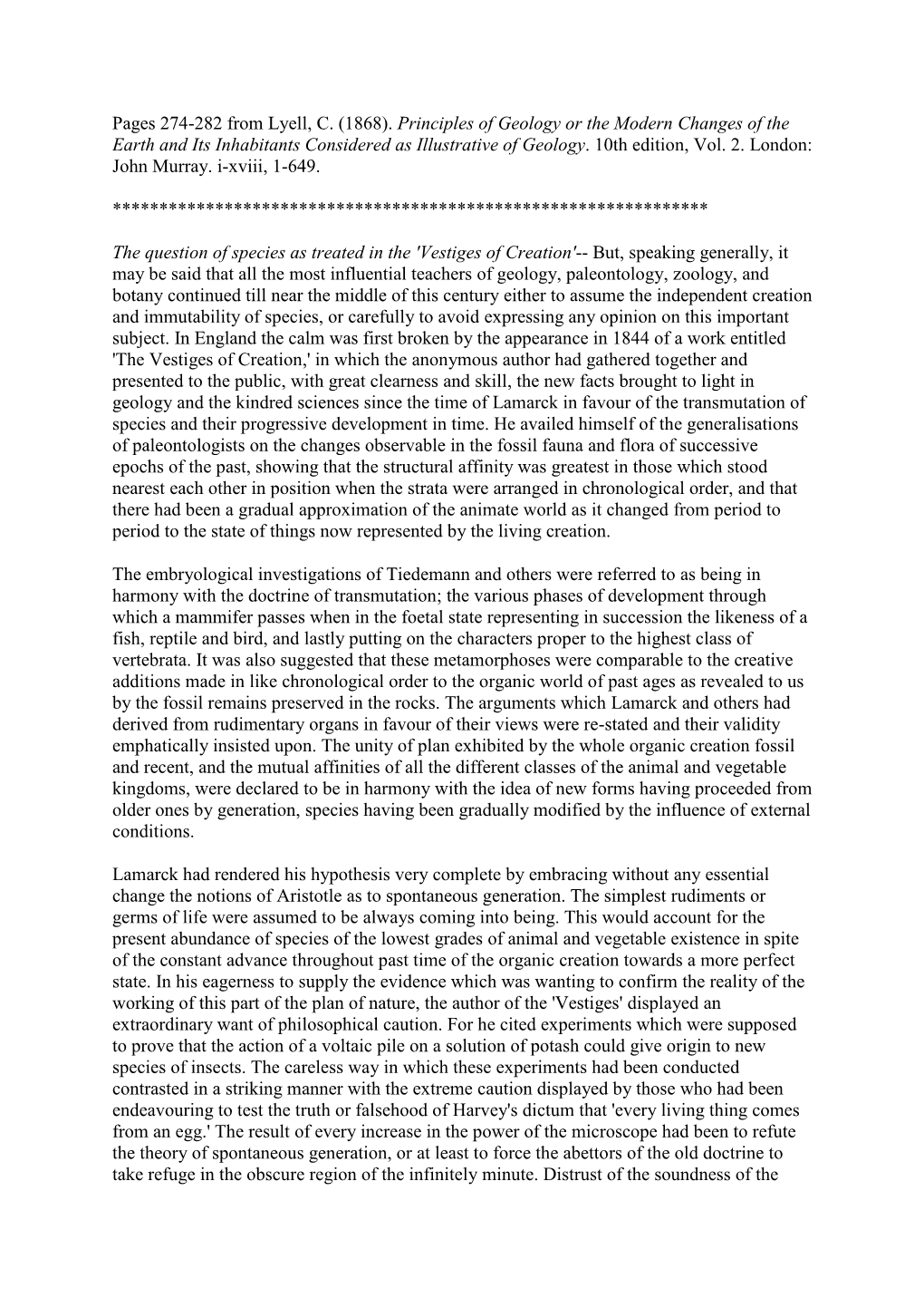 Pages 274-282 from Lyell, C. (1868). Principles of Geology Or the Modern Changes of the Earth and Its Inhabitants Considered As Illustrative of Geology