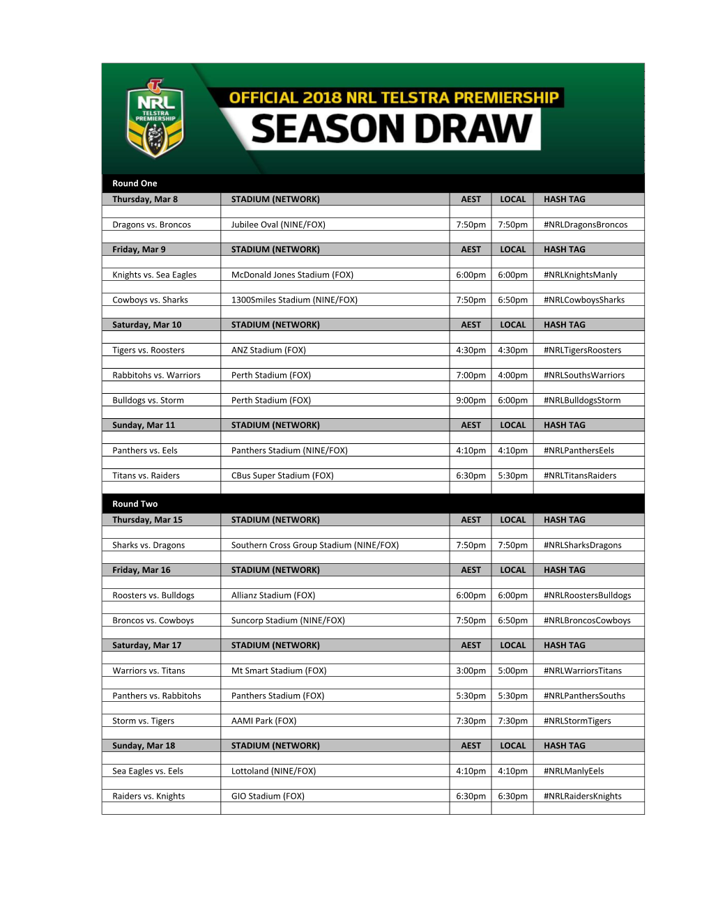 Round One Thursday, Mar 8 STADIUM (NETWORK) AEST LOCAL HASH TAG