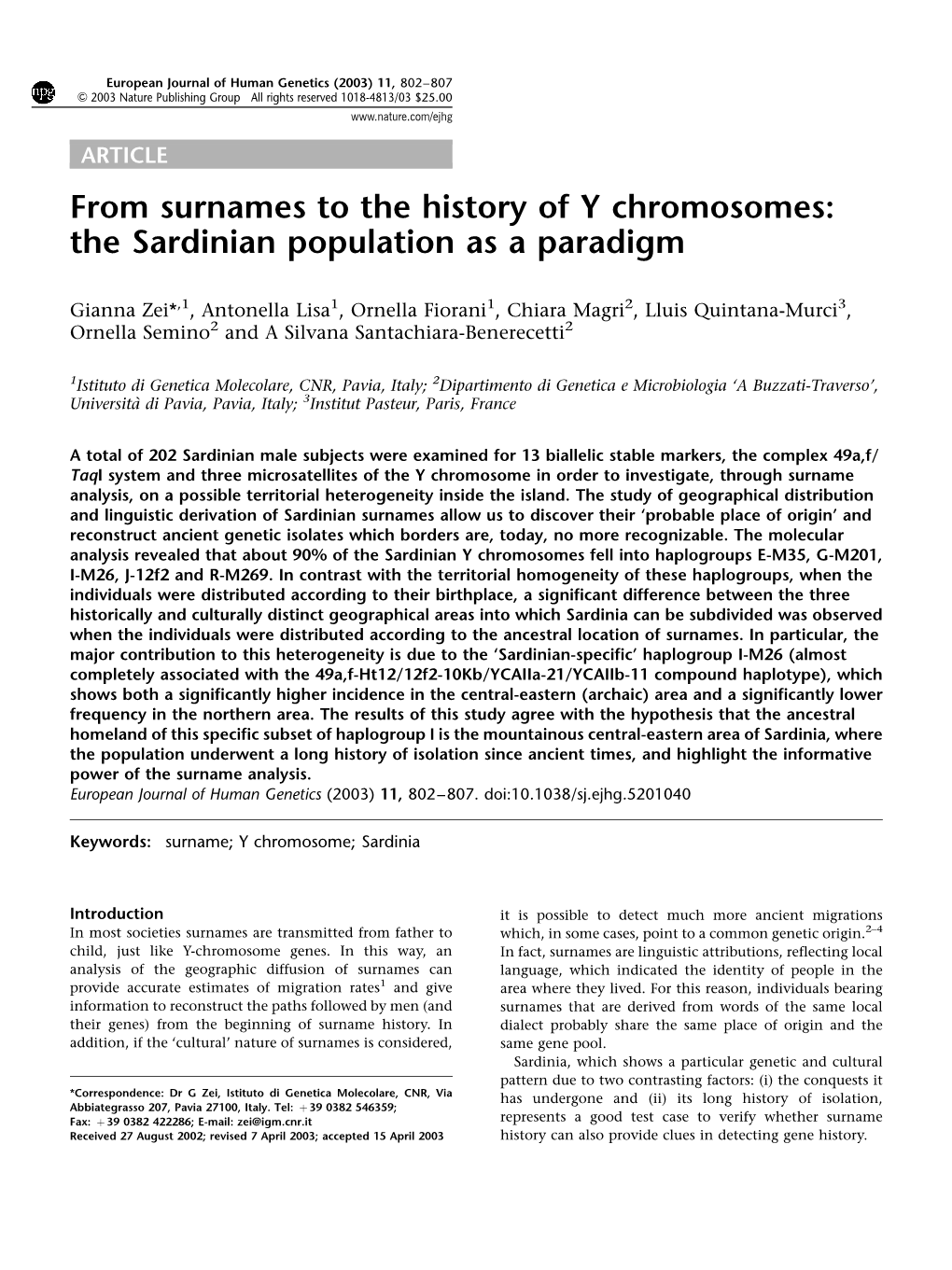 From Surnames to the History of Y Chromosomes: the Sardinian Population As a Paradigm