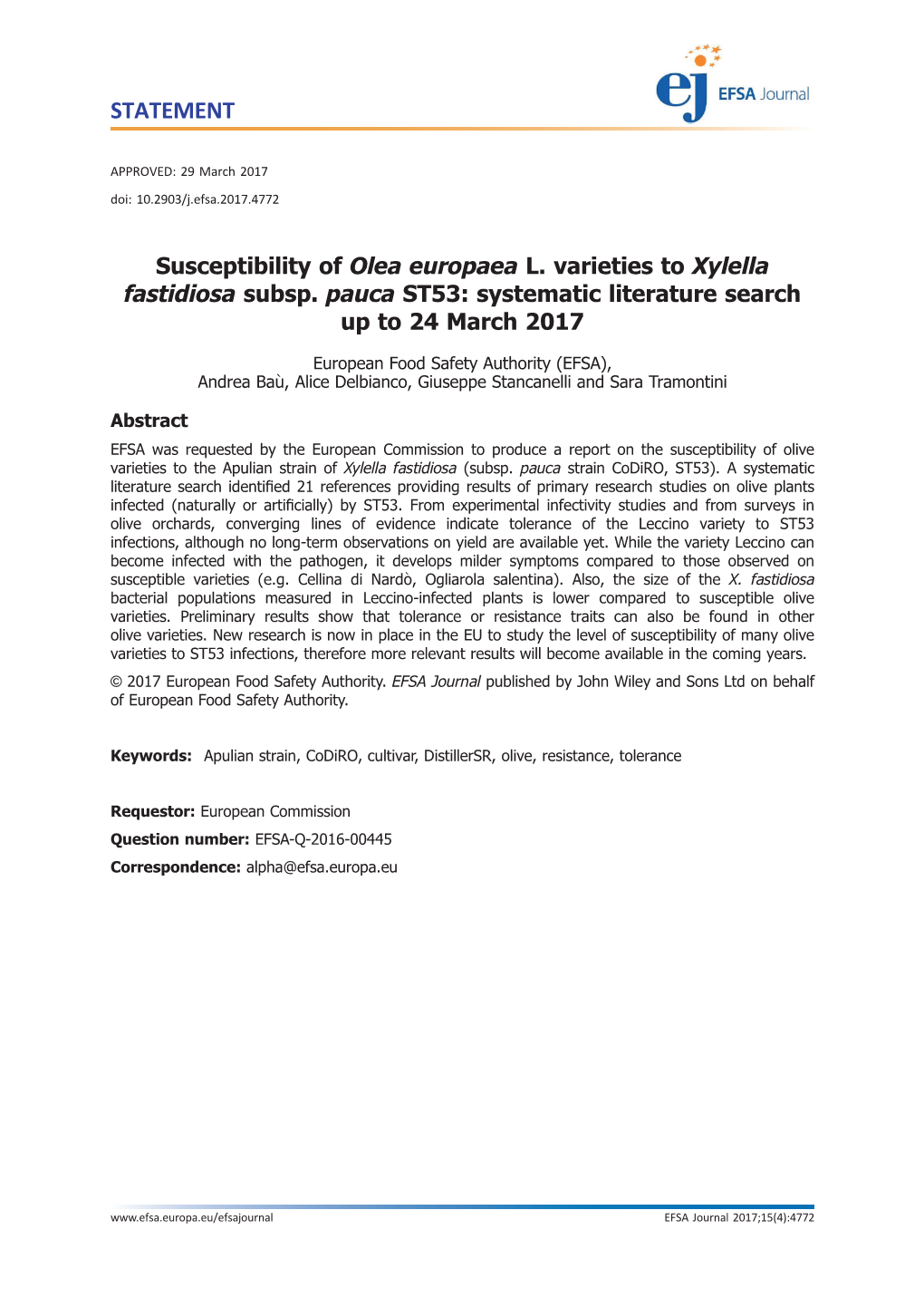 Susceptibility of Olea Europaea L. Varieties to Xylella Fastidiosa Subsp