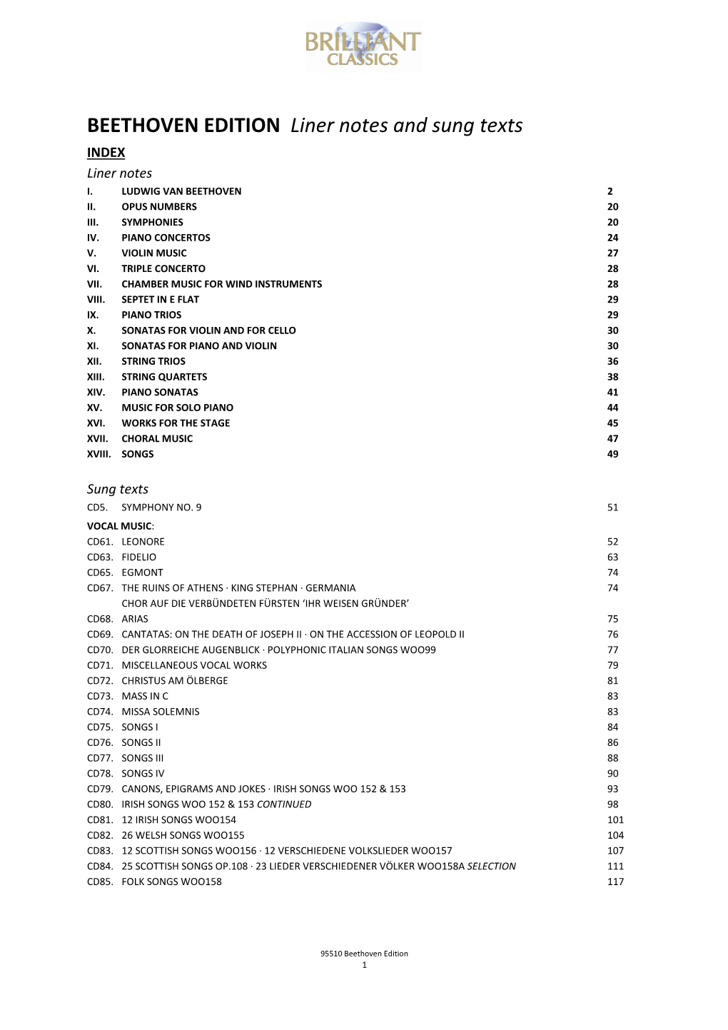 BEETHOVEN EDITION Liner Notes and Sung Texts