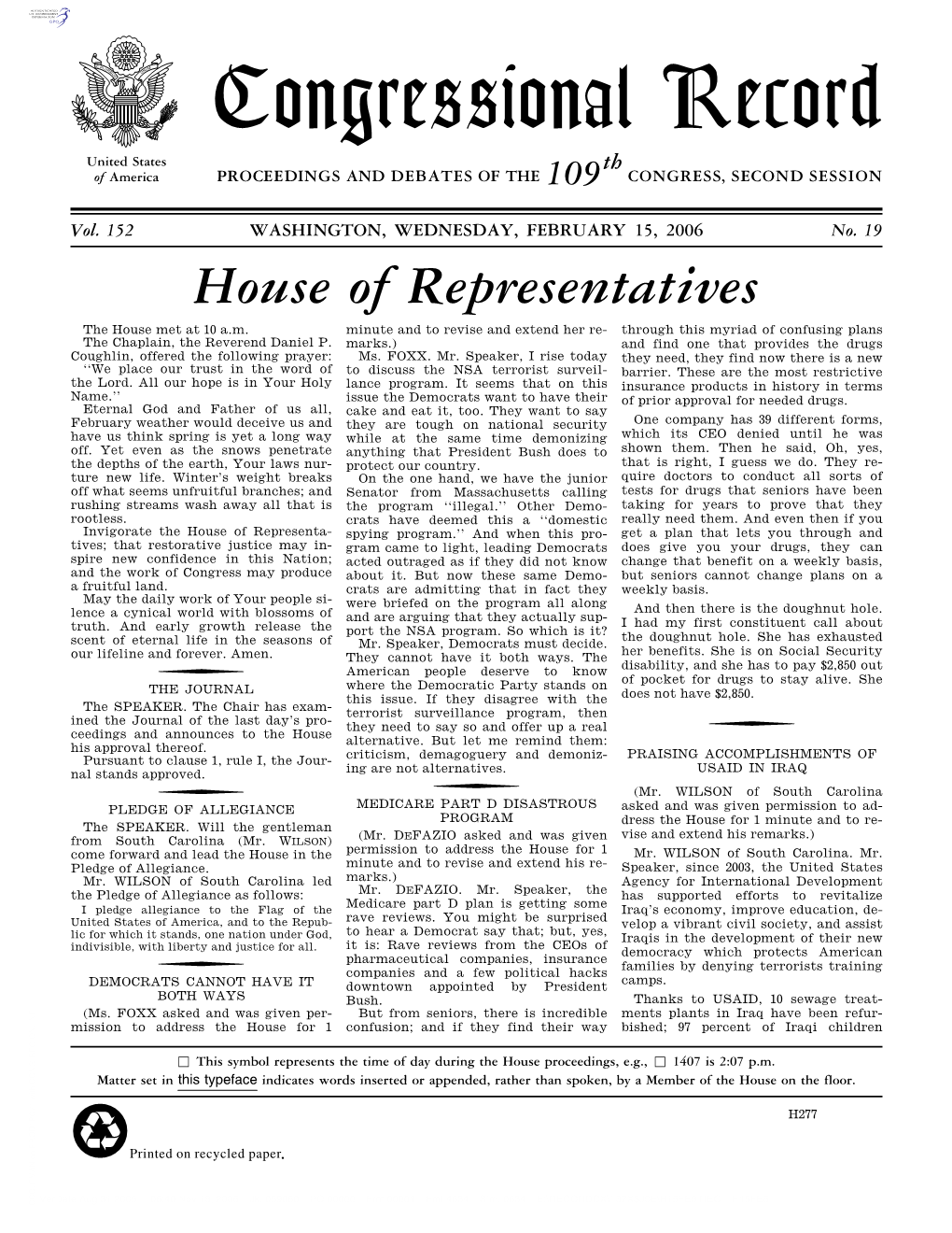 Congressional Record United States Th of America PROCEEDINGS and DEBATES of the 109 CONGRESS, SECOND SESSION