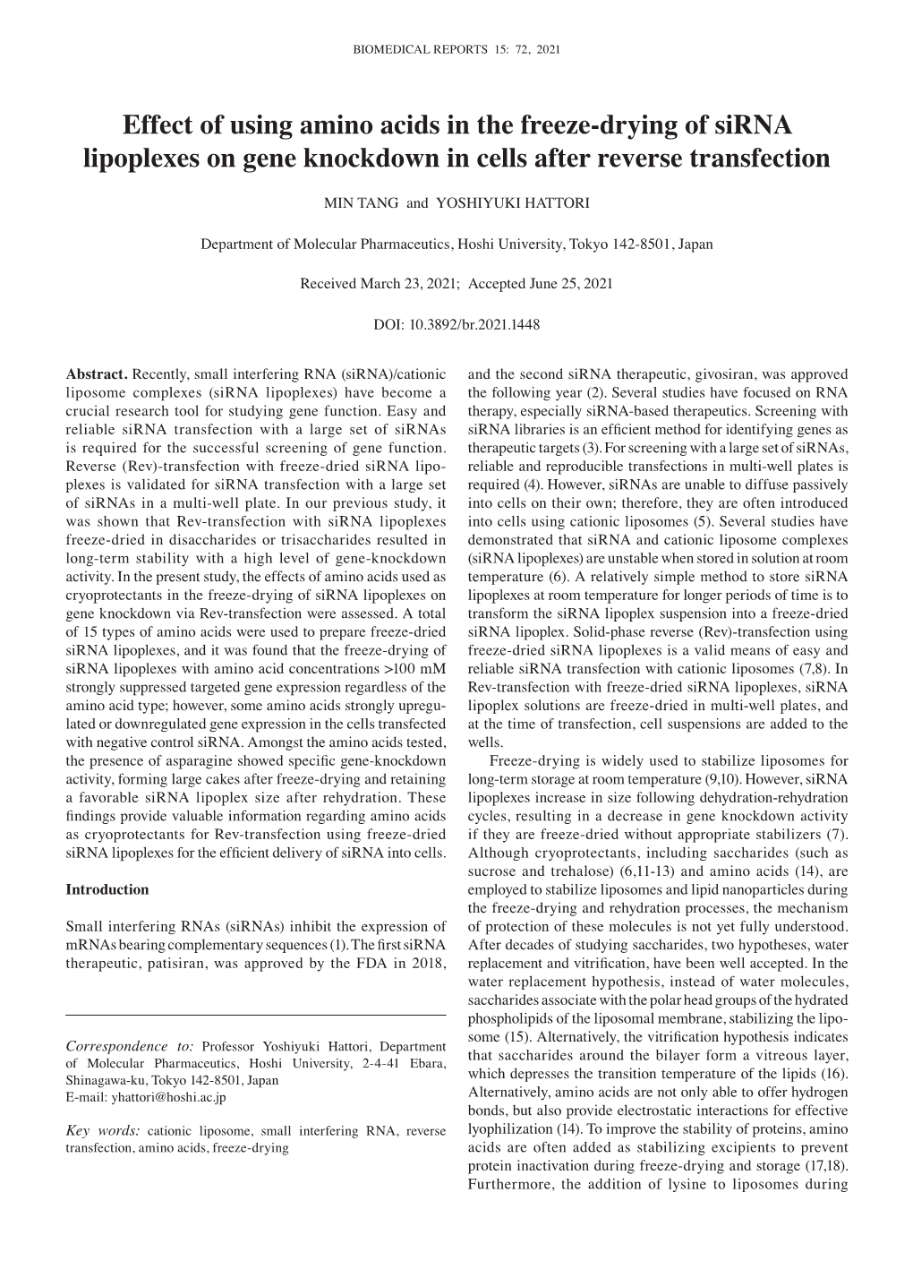 Effect of Using Amino Acids in the Freeze‑Drying of Sirna Lipoplexes on Gene Knockdown in Cells After Reverse Transfection