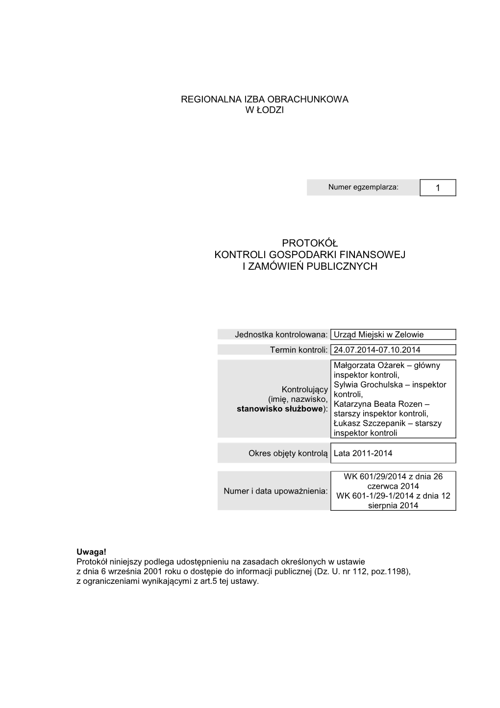 Protokół Kontroli Gospodarki Finansowej I Zamówie Ń Publicznych