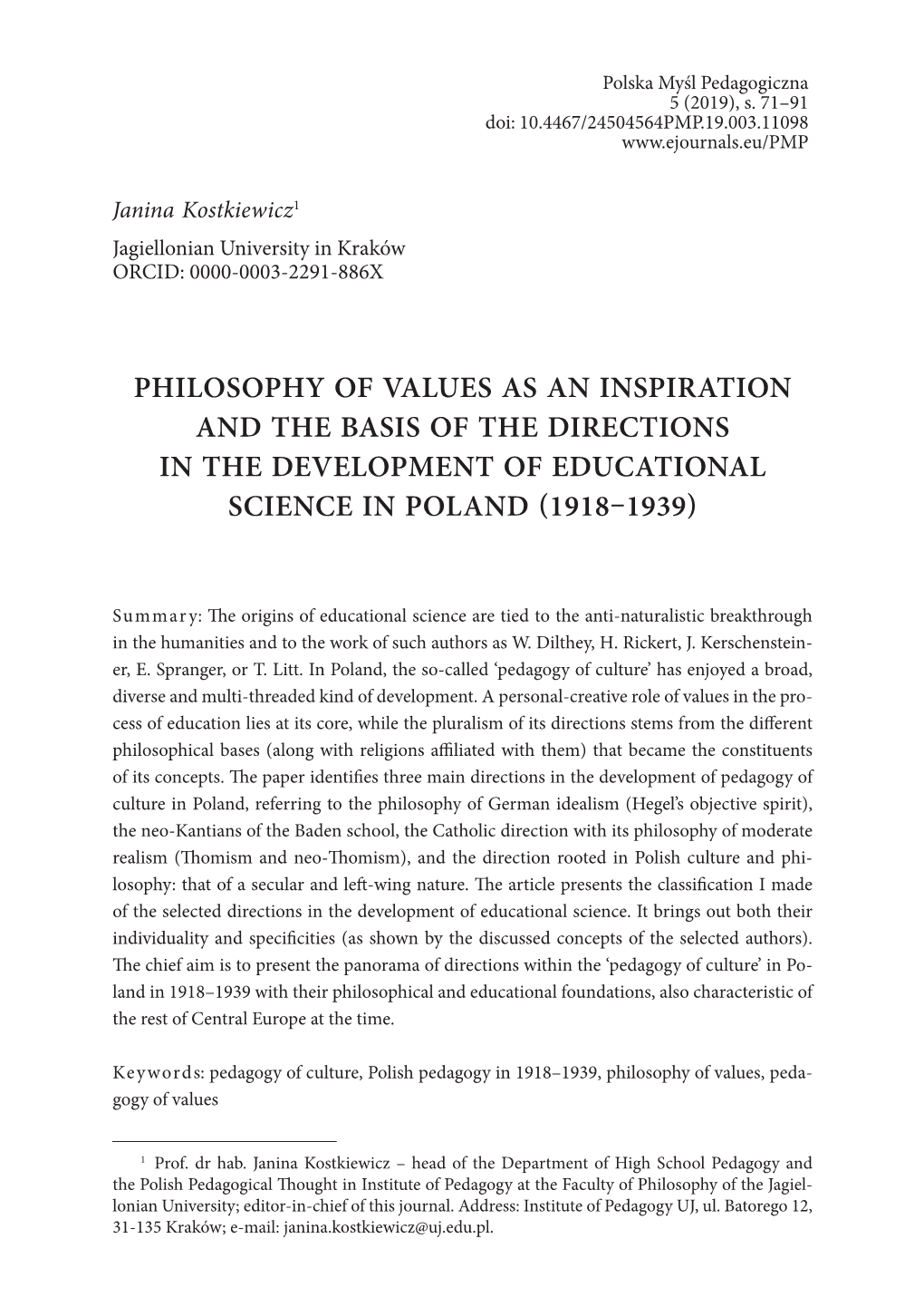 Philosophy of Values As an Inspiration and the Basis of the Directions in the Development… 71 Polska Myśl Pedagogiczna 5 (2019), S